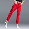 夏季薄款大红色直筒牛仔裤女士2023高腰破洞宽松显瘦哈伦裤子