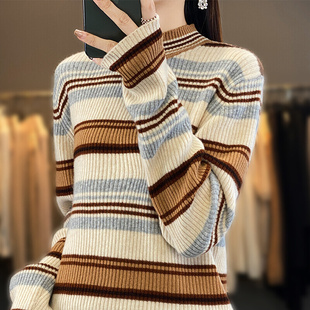 秋冬季羊绒衫女条纹拼色毛衣，100%纯羊毛针织衫，套头半高领打底