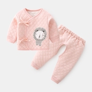 新生儿保暖两件套婴儿秋衣秋裤儿童内衣套装宝宝夹棉系带衣服