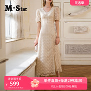 M-Star明星系列古典宫廷复古风淑女V领优雅气质显瘦连衣裙
