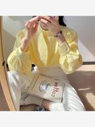 棉奶黄色长袖衬衫女2024年春季洋气泡泡袖上衣设计感白衬衣薄款