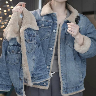韩版亲子装2023冬装男女童加绒加厚牛仔外套母女装保暖棉服潮