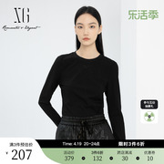 xg雪歌明线装饰设计黑色长袖，t恤2024春季钉珠点缀圆领上衣女