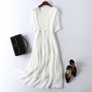 夏季女装ol通勤优雅气质白色真丝，连衣裙18003