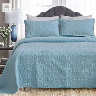 纯色全棉绗缝床盖三件套简约美式衍缝被蓝色双面绣花水洗空调薄被