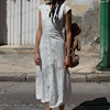 vintagewen法式复古白色气质，花边高腰显瘦中长款连衣裙长裙简约