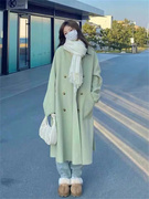 绿色双面羊绒大衣女秋冬长款2023韩系高级感加厚毛呢西装外套