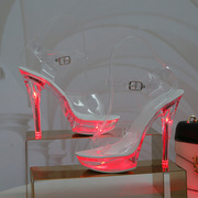1099-f34-43性感超高跟鞋，发光细跟防水台凉鞋透明模特水晶鞋婚鞋