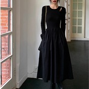 黑色拼接连衣裙女秋季2024法式高腰显瘦设计感镂空长袖a字裙