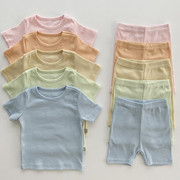 男女宝宝夏季纯色纯棉洋气短袖短裤套装婴儿莫代尔睡衣家居服爬服
