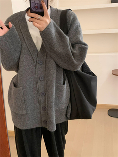 此外秋冬加厚v领毛衣外套女中长款纯色针织开衫韩版保暖上衣