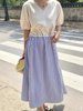 韩国chic夏季小众，设计感v领撞色拼接条纹，泡泡袖连衣裙长裙女