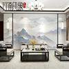 新中式水墨山水壁纸电视，背景墙壁画抽象意境客厅，蓝色墙纸影视墙布