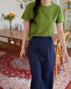 韩版夏季芥末牛油果绿草绿色，80支丝光棉短袖t恤纯色宽松上衣女装