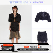 chenshop设计师品牌mamour时尚百搭黑色大花，泡泡袖短西装