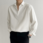 意式那不勒斯白衬衫男长袖套头英伦，雅痞t恤男装高级感韩系v领衬衣