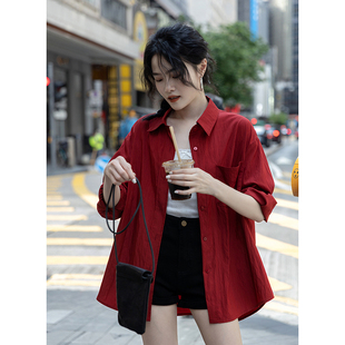 觅定复古红色衬衫，女夏季防晒长袖衬衣外套，设计感小众法式上衣