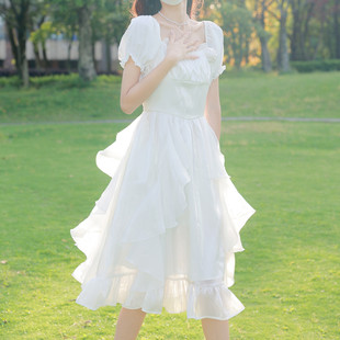 流光茉莉 花崎鹿设计感收腰仙女裙连衣裙长裙夏季新立体花朵白色
