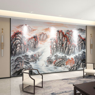 新中式电视背景墙壁纸8d立体红色山水3d墙纸江山壁画客厅影视墙布