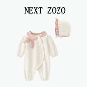 英国nextzozo婴儿秋冬装，加绒可爱连体衣女，宝宝韩版洋气带帽哈衣