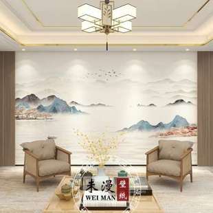 新中式黑白山水电视，背景墙壁纸意境水墨，客厅沙发影视墙布定制