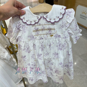 韩国童装 24夏款女童轻薄柔软紫色小碎花刺绣娃娃领短袖连衣裙子