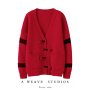 上身敲好看!大红色，羊绒衫女秋冬季小熊纯羊绒，针织开衫毛衣外套