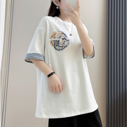 新中式民族风刺绣中长款短袖T恤女春夏季国风小衫白色打底衫上衣