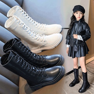 儿童靴子女童马丁靴2023秋冬季学院风，单鞋中长款皮靴高筒长靴