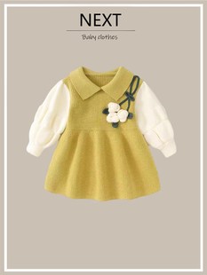 英国NEXT女童针织毛衣连衣裙秋季儿童周岁礼服女宝宝洋气裙子