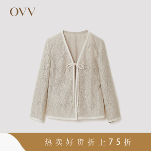 OVV春夏女装精致亚麻蕾丝V领系带撞色贴边通勤休闲外套
