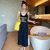 韩国夏季女士棉字母背心连衣裙，无袖休闲长裙，过膝ins洋气黑色