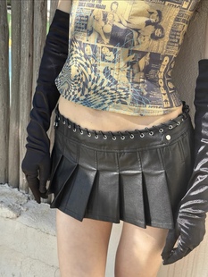 seasaltlab|miaou同款pu小黑裙，短裙低腰百褶裙，金属扣穿绳