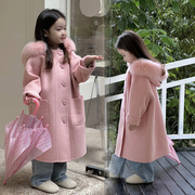韩国童装秋冬儿童百分百狐狸，毛毛领(毛毛领，)双面羊绒呢大衣中长款洋气