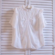 韩国纯棉白色刺绣木耳花边领文艺，甜美白衬衫短袖，夏季女娃娃衫
