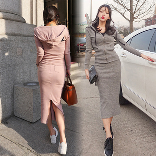 韩国2024春季运动休闲套装，裙女修身显瘦卫衣半身长裙两件套