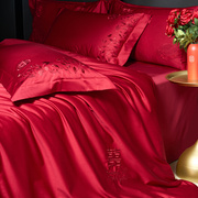 高级婚庆十件套结婚床上用品四件套，纯全棉大红色，新婚喜被六