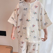 韩国儿童夏季五分袖长裤，家居服套装纱布，棉男童短袖睡衣女童空调服