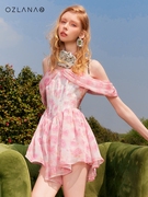 OZLANA粉色印花吊带裙女夏季包肩百褶裙摆收腰温柔气质连衣裙