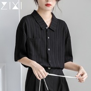 黑色短袖衬衫女夏季设计感小众半袖条纹，衬衣中袖ol通勤polo领上衣