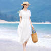 白色法式苎麻连衣裙蕾丝，拼接绣花圆领，纯色短袖字裙夏季