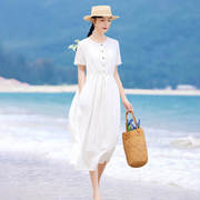 白色法式苎麻连衣裙蕾丝拼接绣花圆领纯色短袖字裙夏季