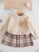 女童毛衣套裙秋冬天纯色小兔头针织，两件套女宝宝反领长袖洋气