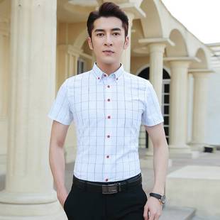 夏季短袖衬衫衣式韩版修身休闲商务格子条纹t恤潮流时尚型男