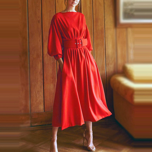 欧洲站明星同款高级女装春季时尚气质收腰橘红色中长款连衣裙