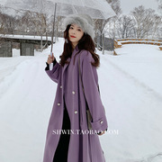 手缝手工双面羊毛大衣女 紫色中长款双排扣双面羊绒大衣女