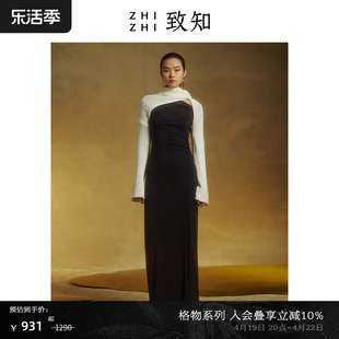 格物致知ZHIZHI连衣裙女2023秋季设计感气质长袖羊毛裙黑