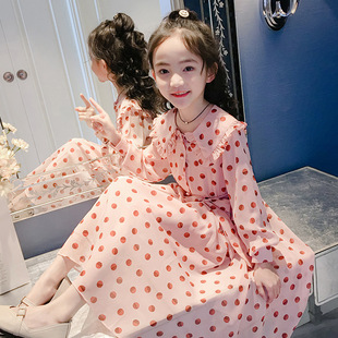 女童秋季连衣裙2024韩版荷叶，边波点裙小女孩中大童，长袖雪纺裙