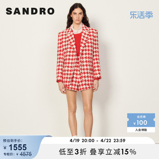 SANDRO Outlet女装春季法式粗花呢千鸟格红色西装外套SFPVE00635