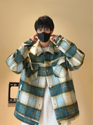 美式复古格纹毛呢外套男秋冬季编织粗纺设计感高级感夹棉加厚夹克